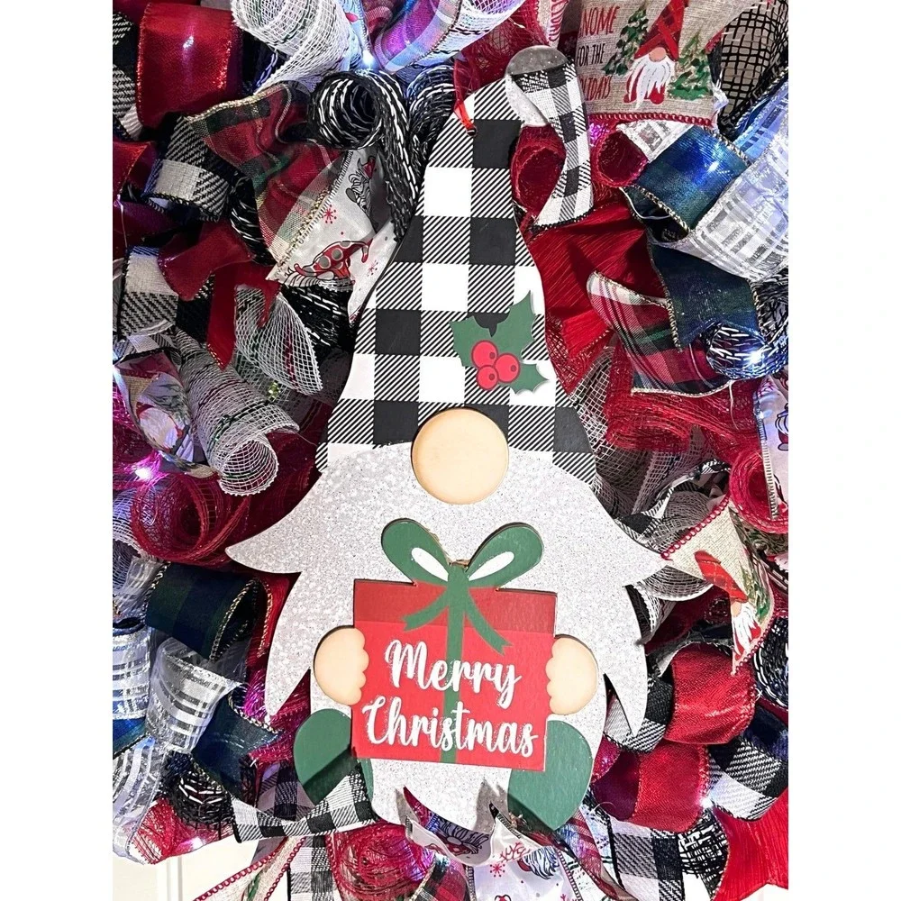 Handmade Merry Christmas Gnome Holiday Ribbon Door Wreath 22 ins W47